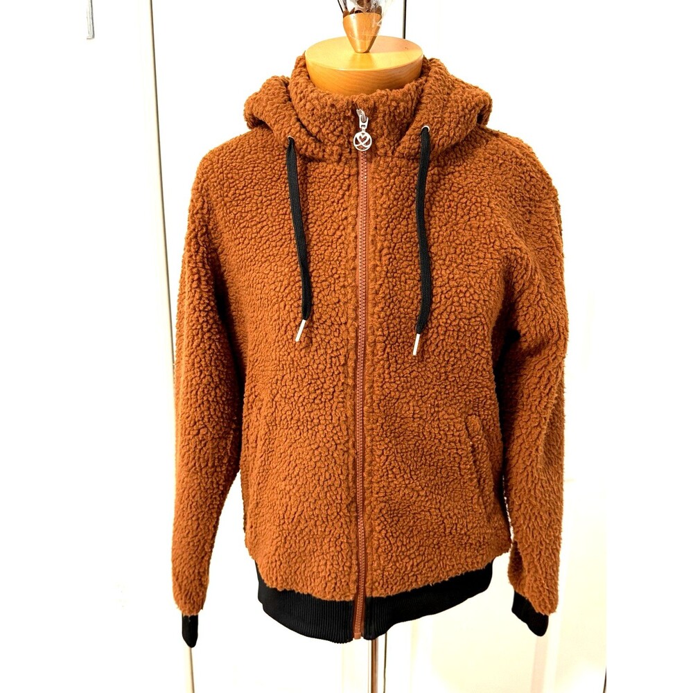 NWT Daily Sports Born In Sweden Hooded Small Jacket Womens Brown Sherpa Fleece